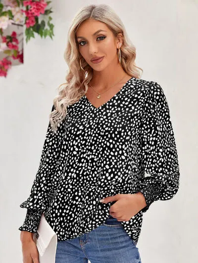Roonie Printed V-Neck Lantern Sleeve Blouse