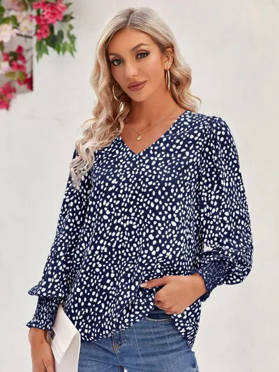 Roonie Printed V-Neck Lantern Sleeve Blouse