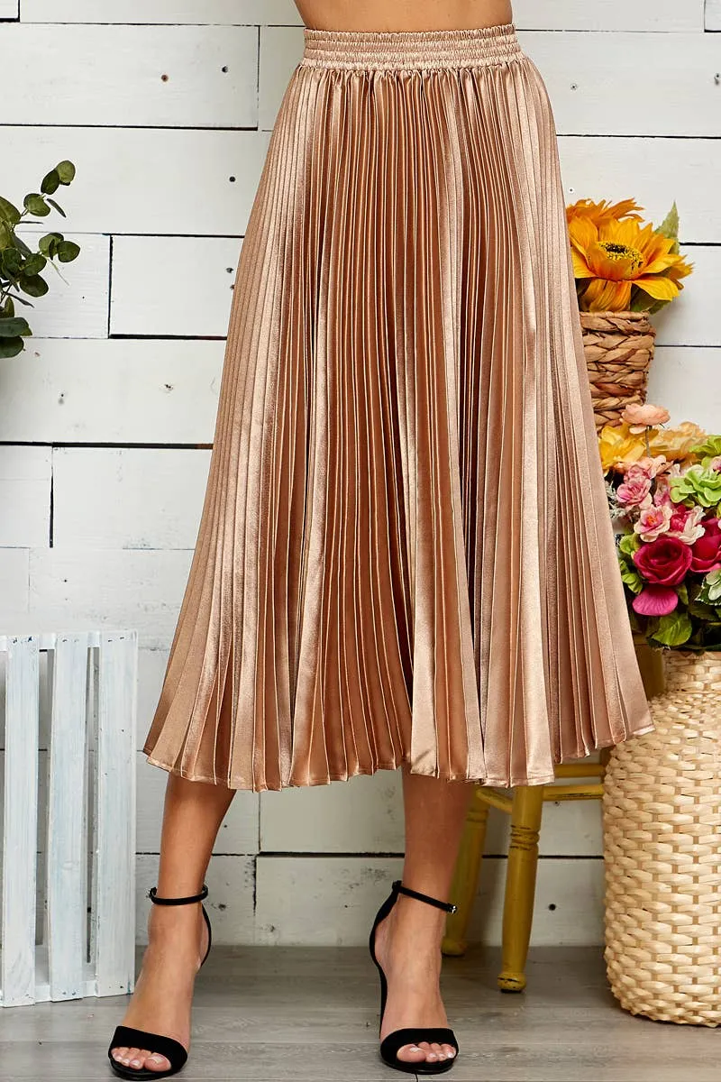 ROSE GOLD SATIN PLEATED A LINE SKIRT