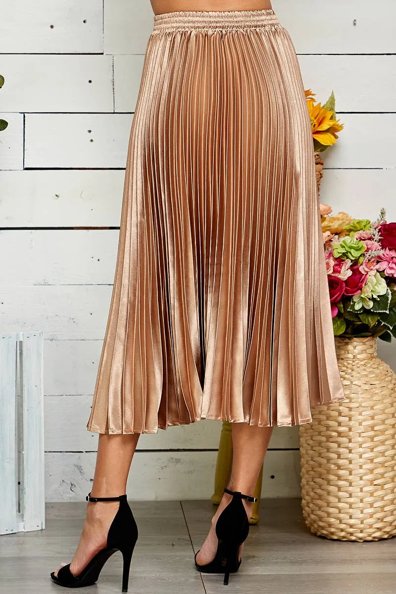 ROSE GOLD SATIN PLEATED A LINE SKIRT