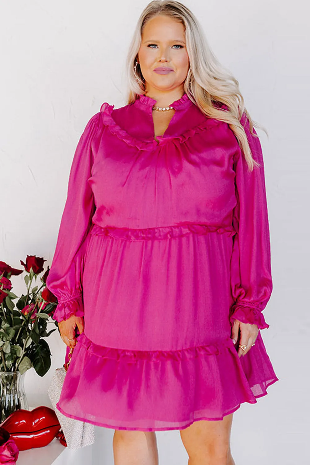 Rose Long Sleeve Ruffled Plus Size Dress