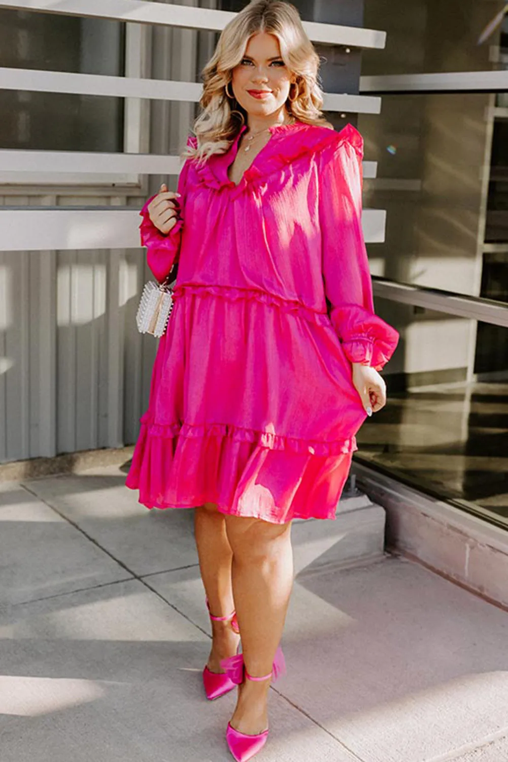 Rose Long Sleeve Ruffled Plus Size Dress