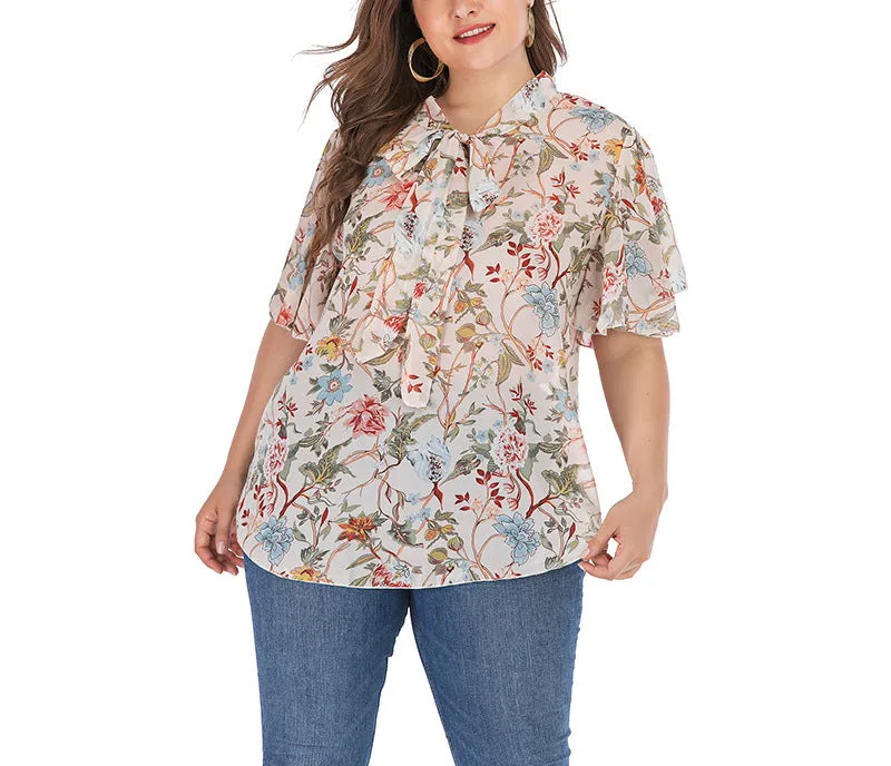 Round Neck Ruffled Sleeve Printed Short-sleeved T-shirt