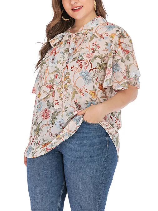 Round Neck Ruffled Sleeve Printed Short-sleeved T-shirt