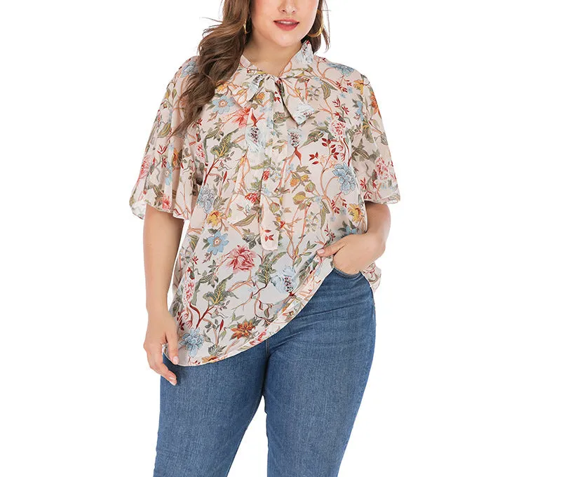 Round Neck Ruffled Sleeve Printed Short-sleeved T-shirt