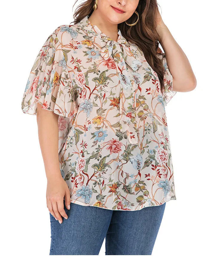 Round Neck Ruffled Sleeve Printed Short-sleeved T-shirt
