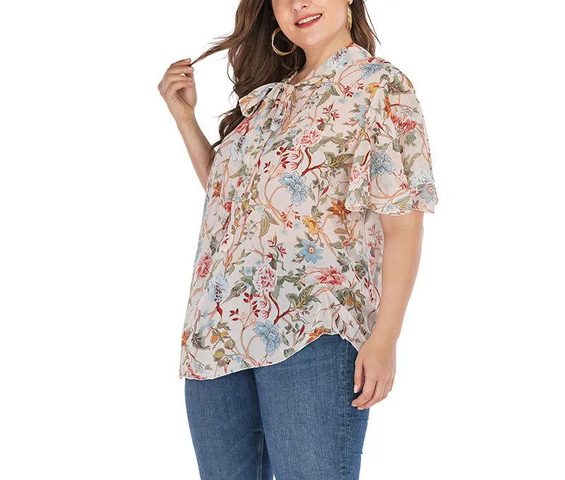 Round Neck Ruffled Sleeve Printed Short-sleeved T-shirt