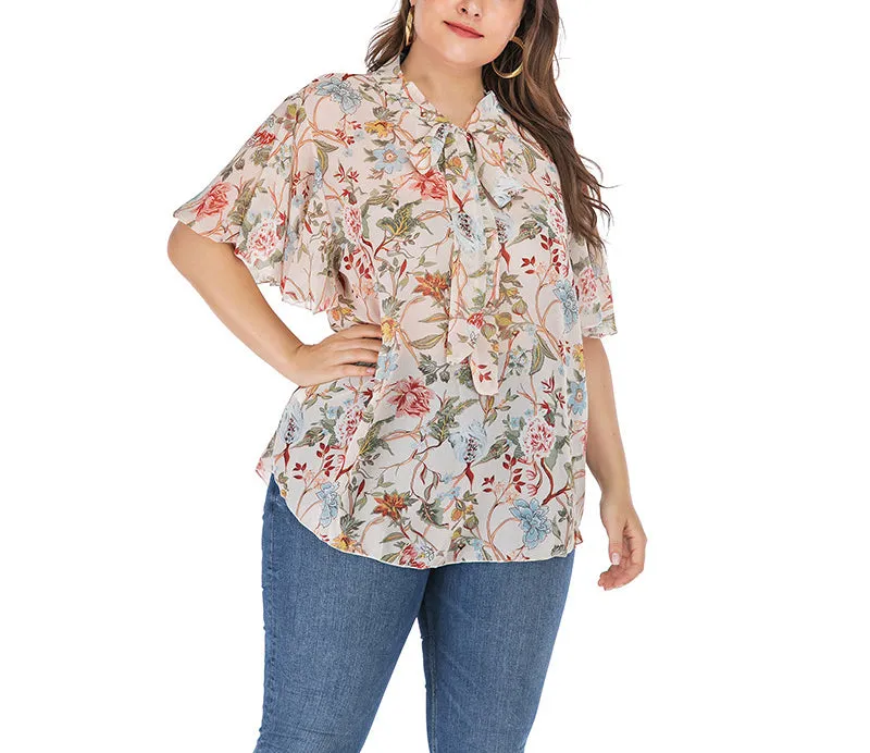 Round Neck Ruffled Sleeve Printed Short-sleeved T-shirt