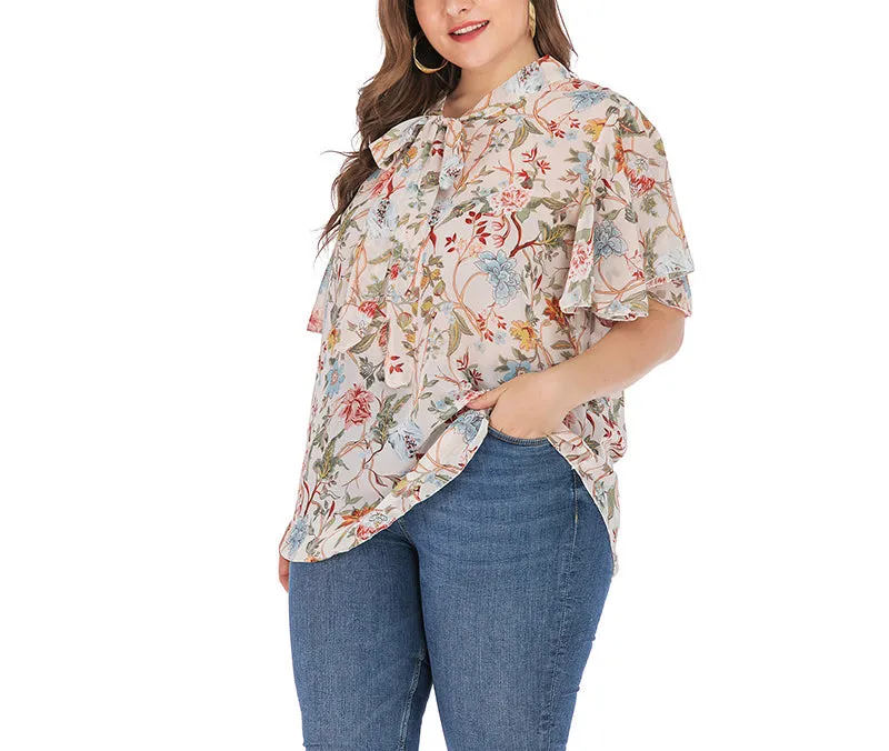 Round Neck Ruffled Sleeve Printed Short-sleeved T-shirt