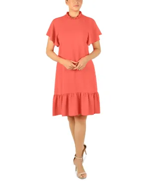 RUFFLE NECK AND SLEEVE SHORT DRESS