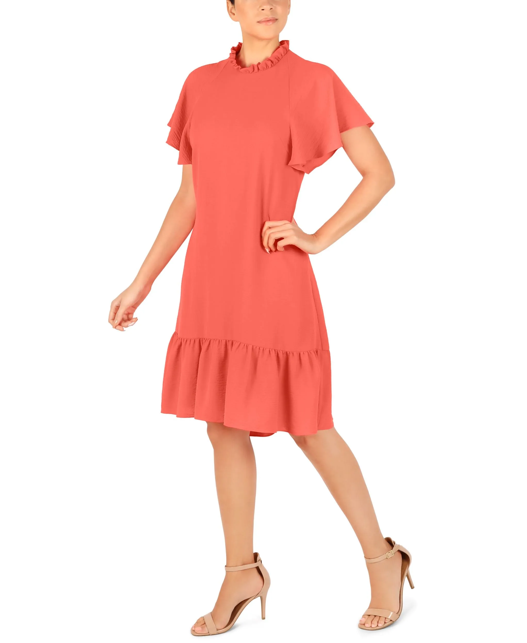 RUFFLE NECK AND SLEEVE SHORT DRESS