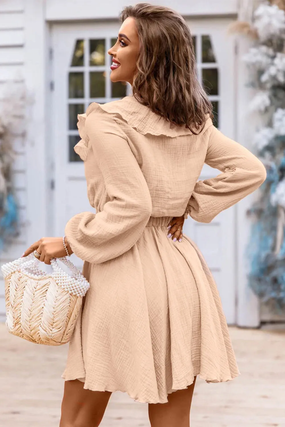 Ruffle Trim V-Neck Long Sleeve Mini Dress (2 Colors)