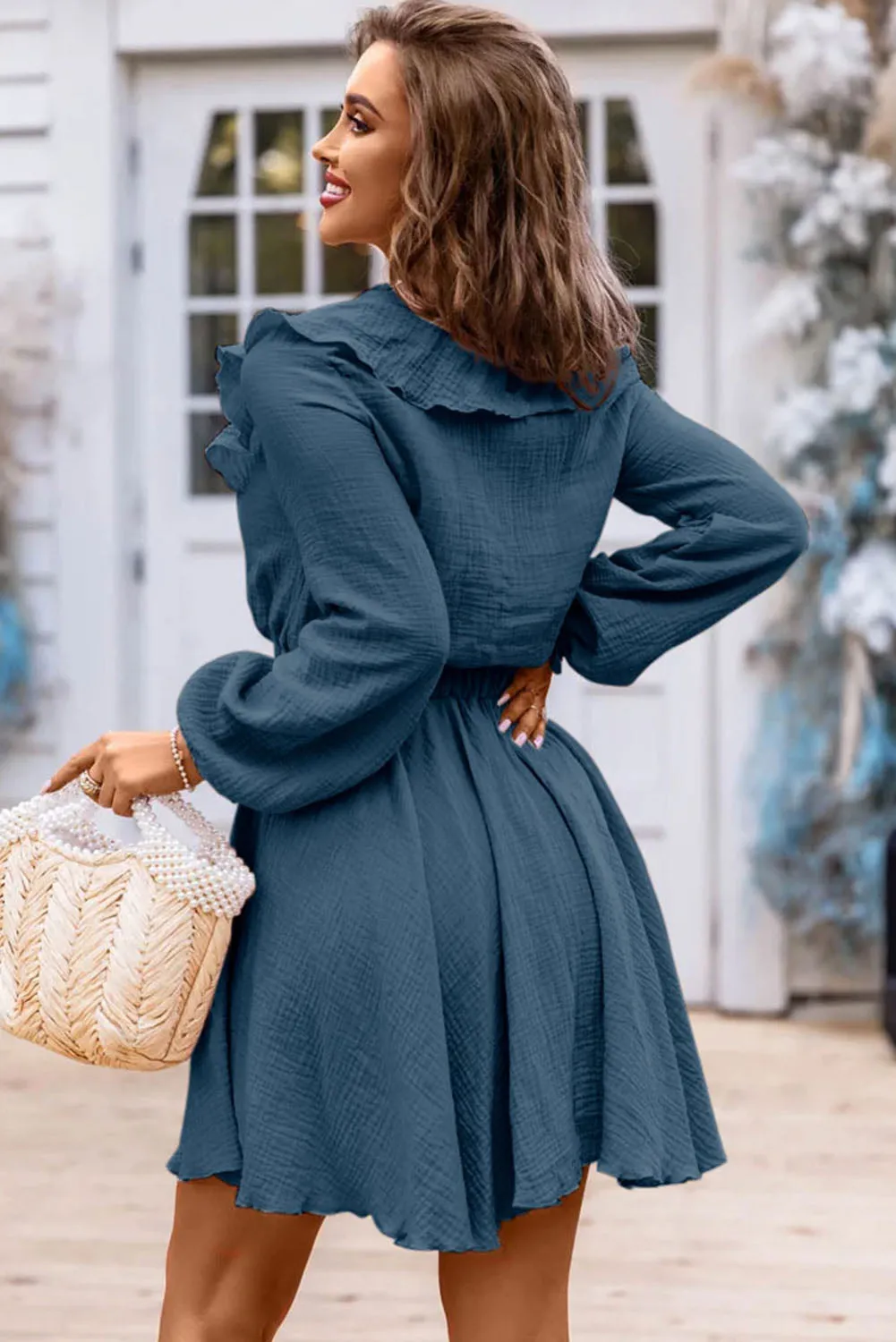 Ruffle Trim V-Neck Long Sleeve Mini Dress (2 Colors)