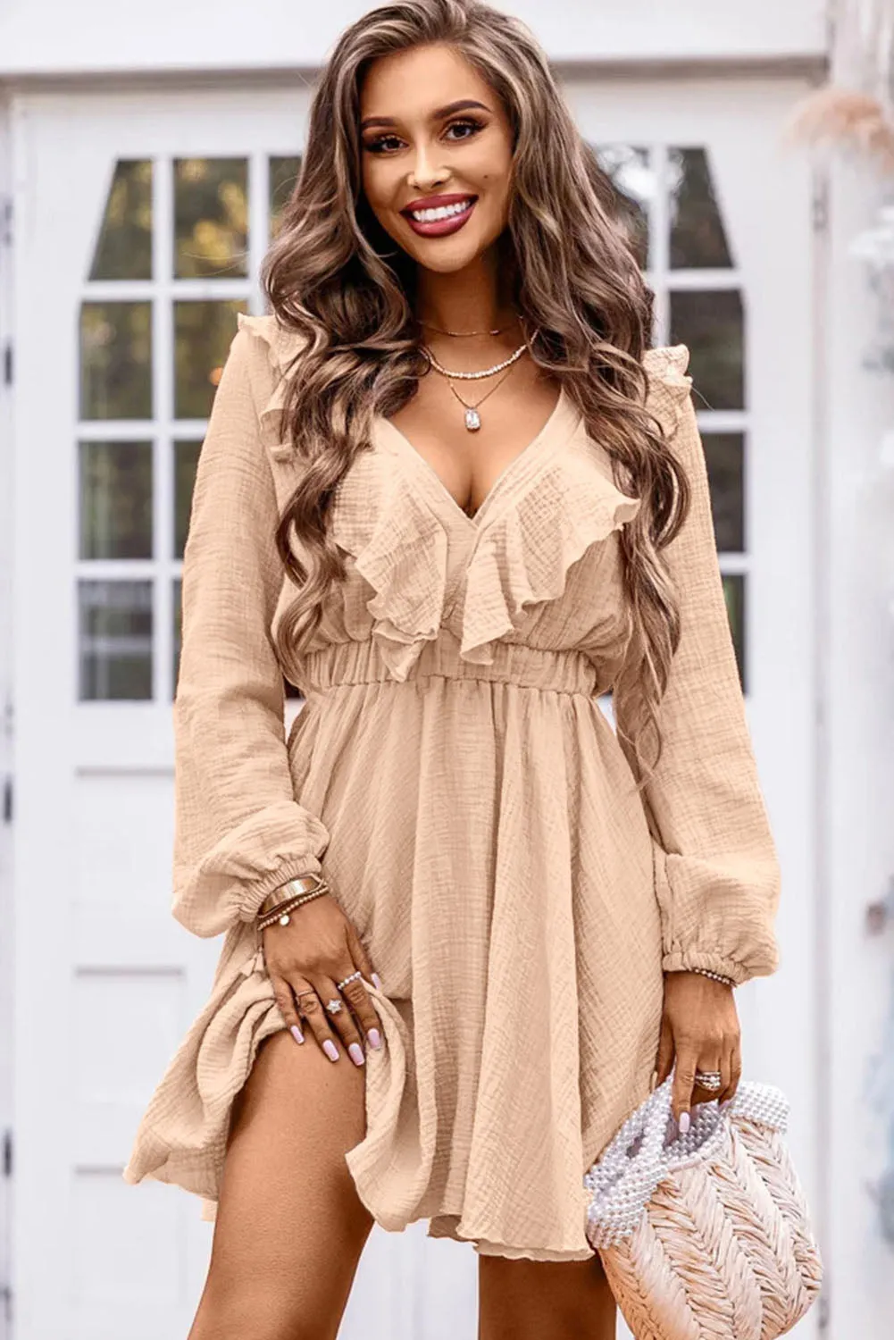 Ruffle Trim V-Neck Long Sleeve Mini Dress (2 Colors)