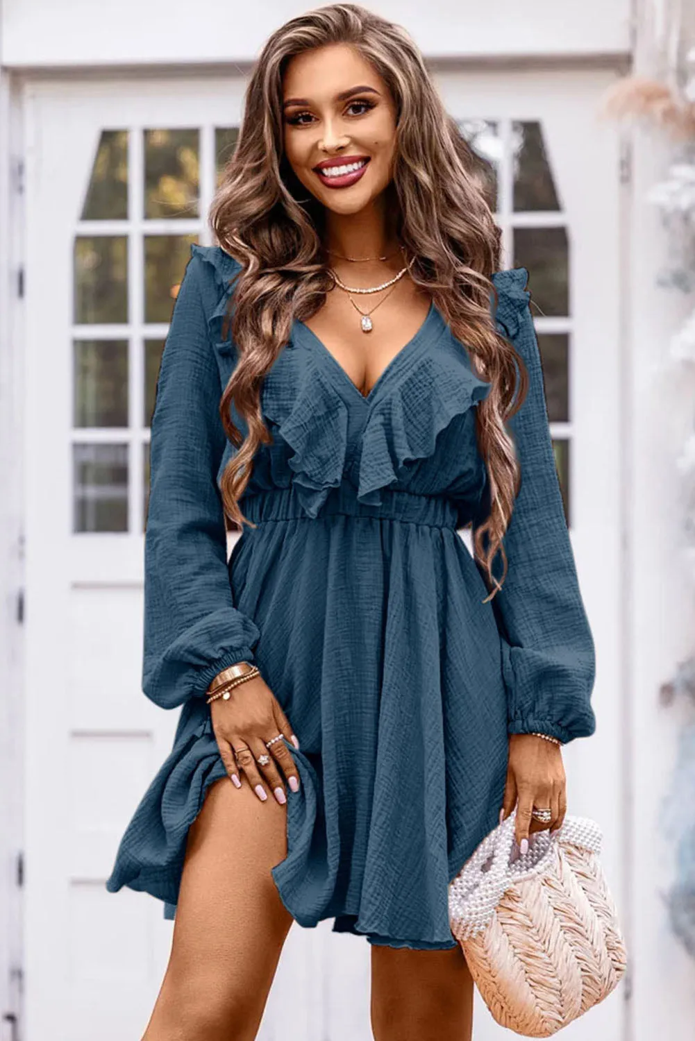 Ruffle Trim V-Neck Long Sleeve Mini Dress (2 Colors)