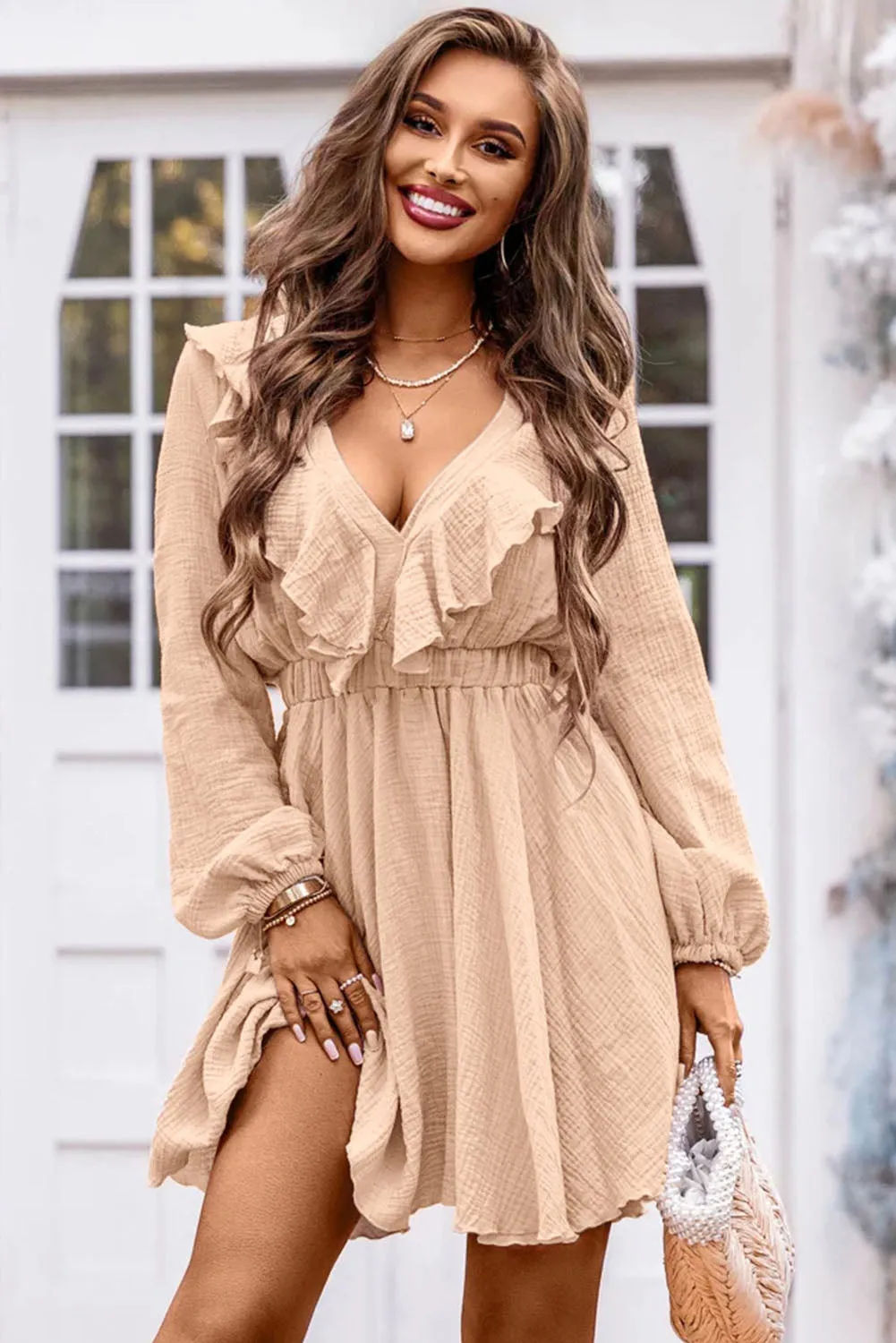 Ruffle Trim V-Neck Long Sleeve Mini Dress (2 Colors)