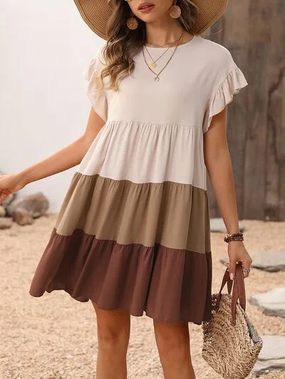 Ruffled Color Block Cap Sleeve Midi Dress