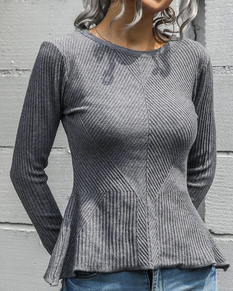 Ruffled Knit Slim-type Round Neck Sweaters