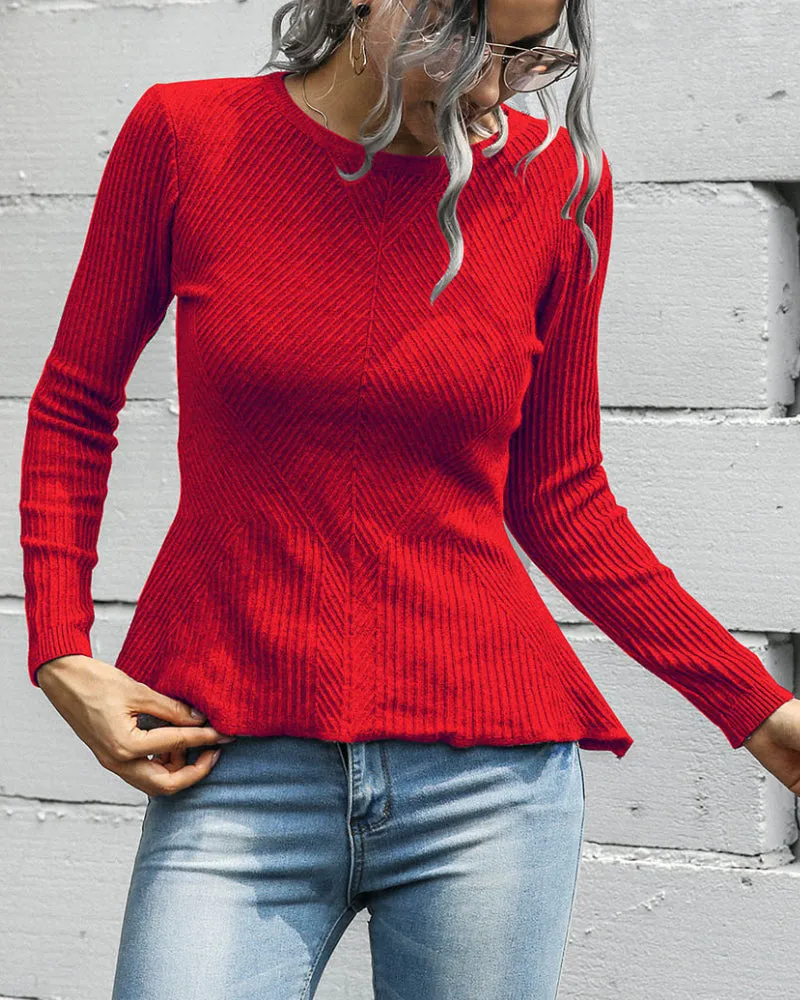 Ruffled Knit Slim-type Round Neck Sweaters