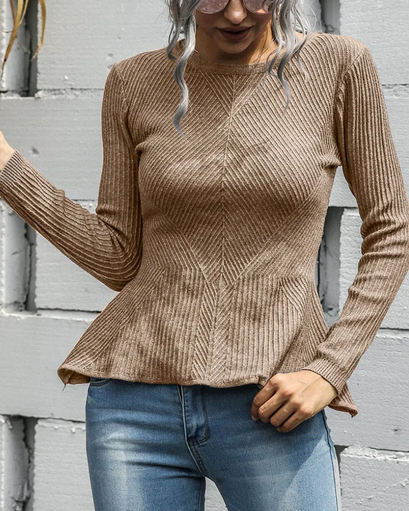 Ruffled Knit Slim-type Round Neck Sweaters