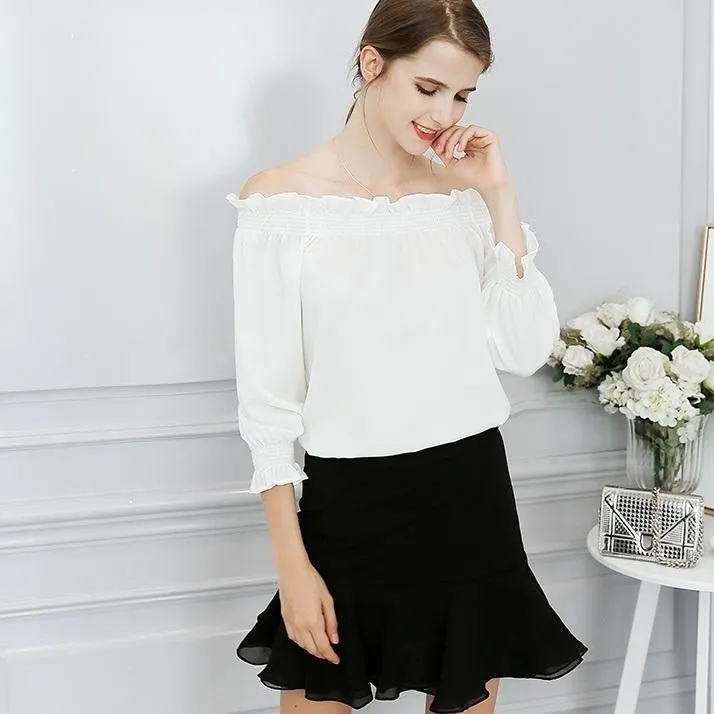 Ruffled Long Sleeve Off-Shoulder