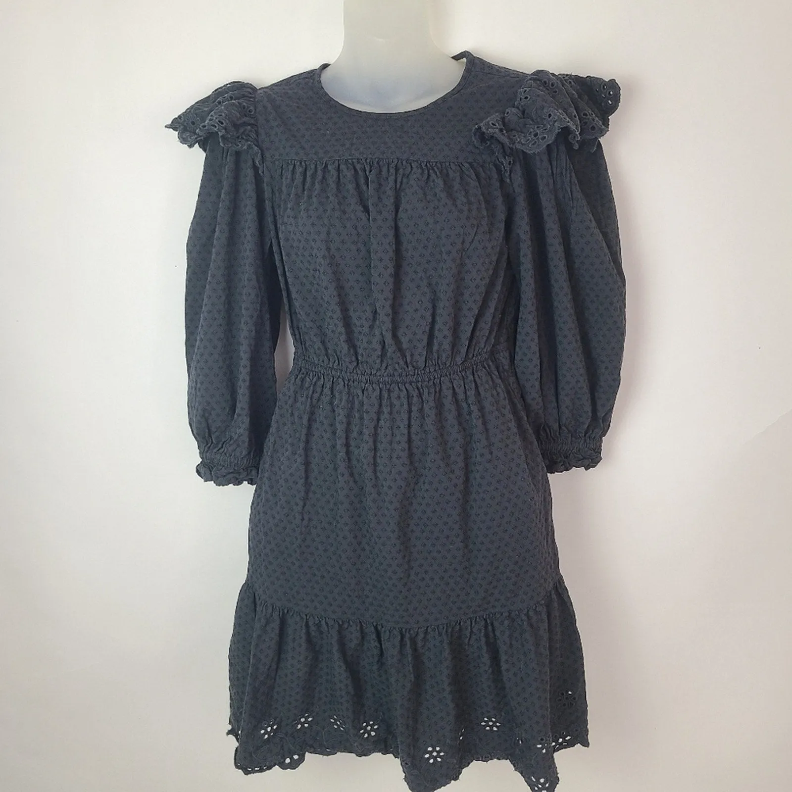 Ruffled Long Sleeved Black Dress XS