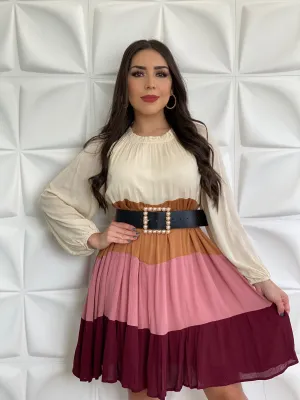 RUFFLED NECK COLOR BLOCK DRESS