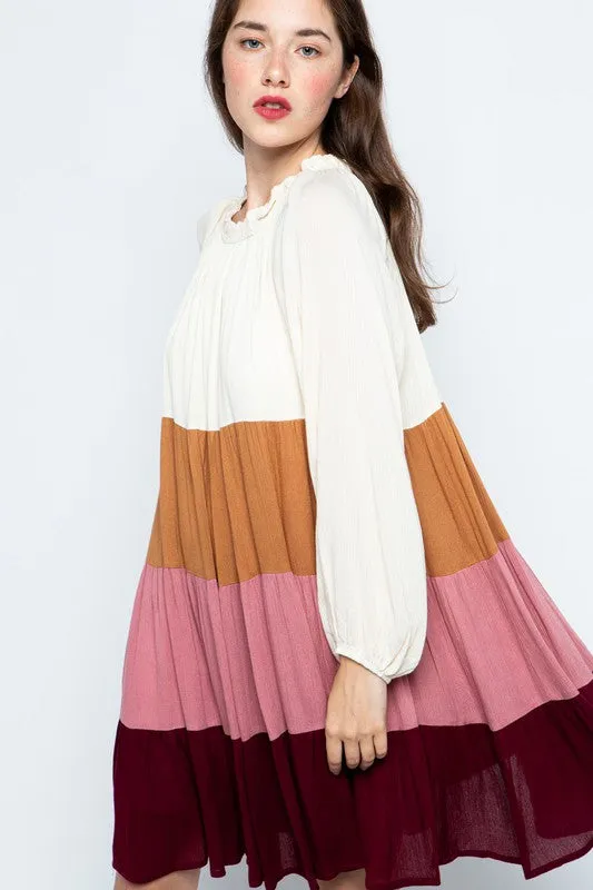 RUFFLED NECK COLOR BLOCK DRESS