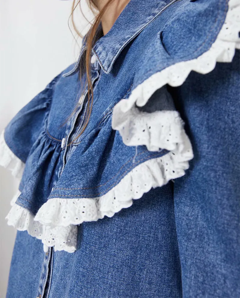 Ruffled Single-breasted Denim Lace Cardigan Shirts Blouses