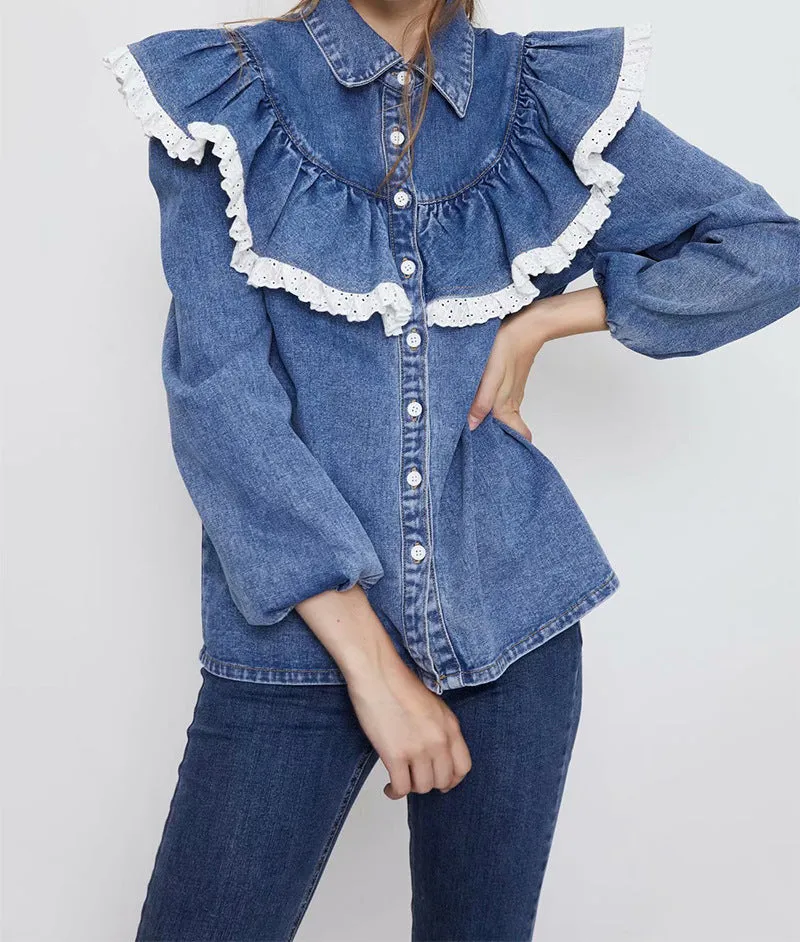 Ruffled Single-breasted Denim Lace Cardigan Shirts Blouses