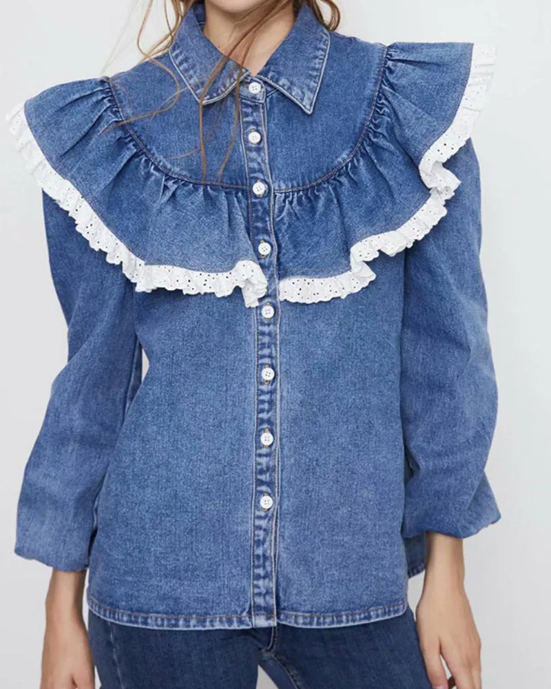 Ruffled Single-breasted Denim Lace Cardigan Shirts Blouses