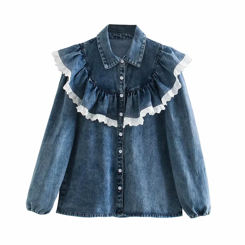 Ruffled Single-breasted Denim Lace Cardigan Shirts Blouses