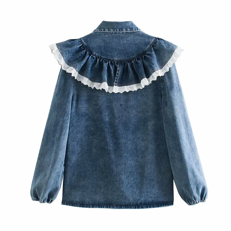 Ruffled Single-breasted Denim Lace Cardigan Shirts Blouses