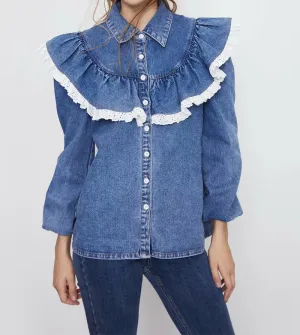 Ruffled Single-breasted Denim Lace Cardigan Shirts Blouses