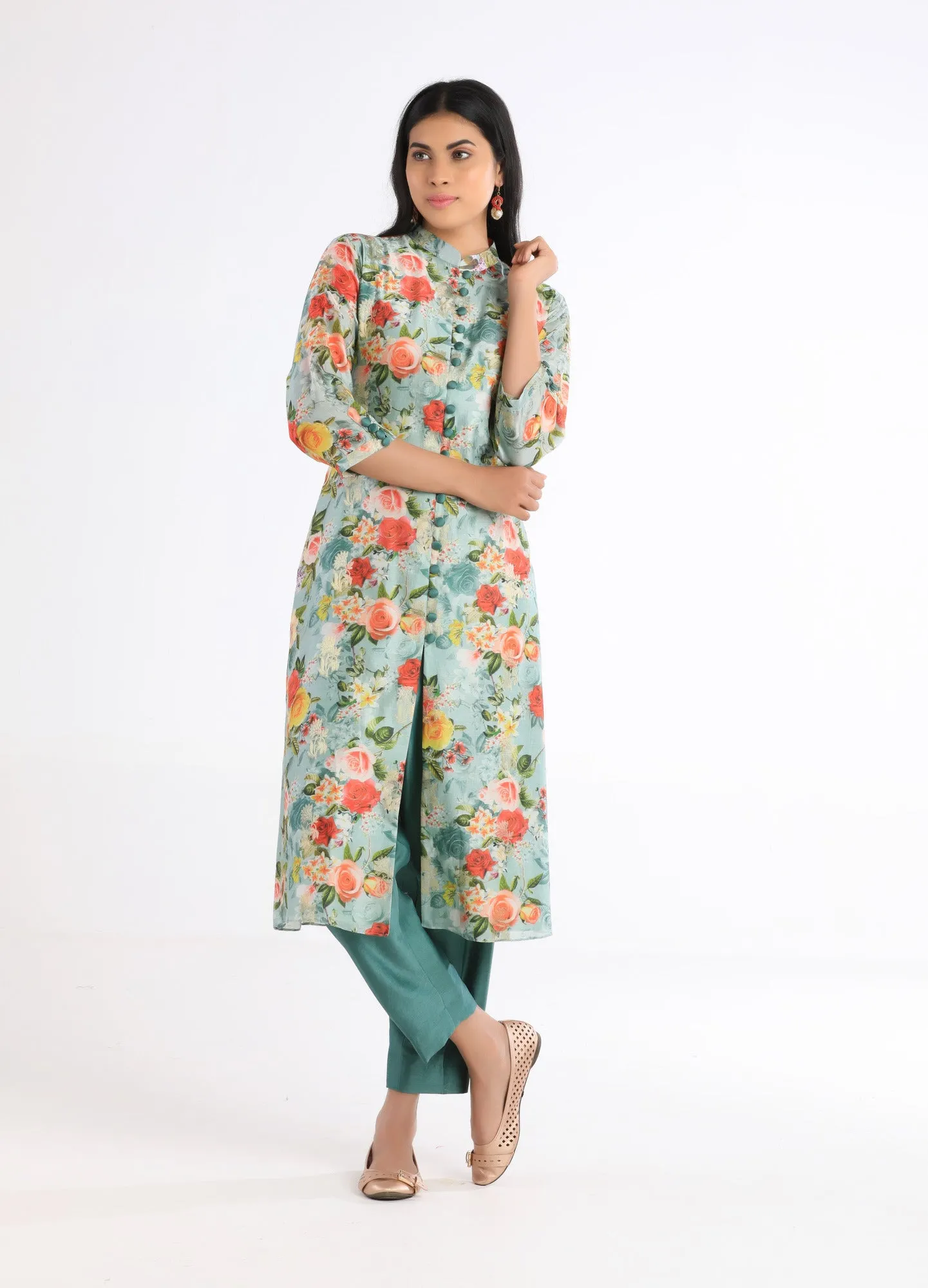 Saira Green Floral Silk Kurta