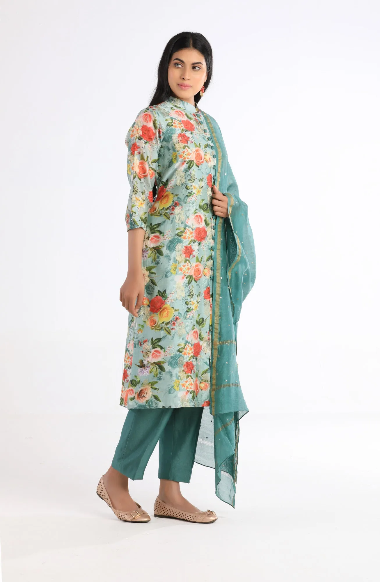 Saira Green Floral Silk Kurta