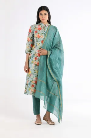 Saira Green Floral Silk Kurta