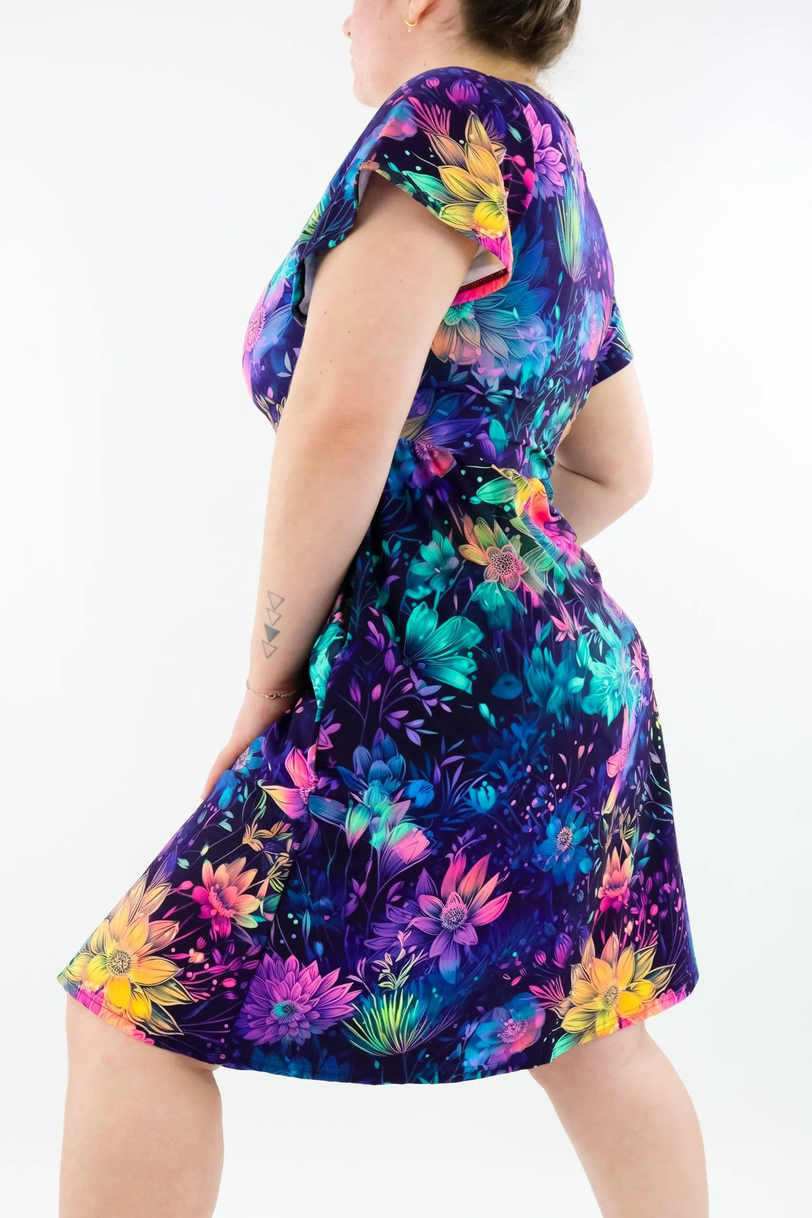 Scintillate Florals - Flutter Sleeve Skater Dress - Knee Length - Pockets