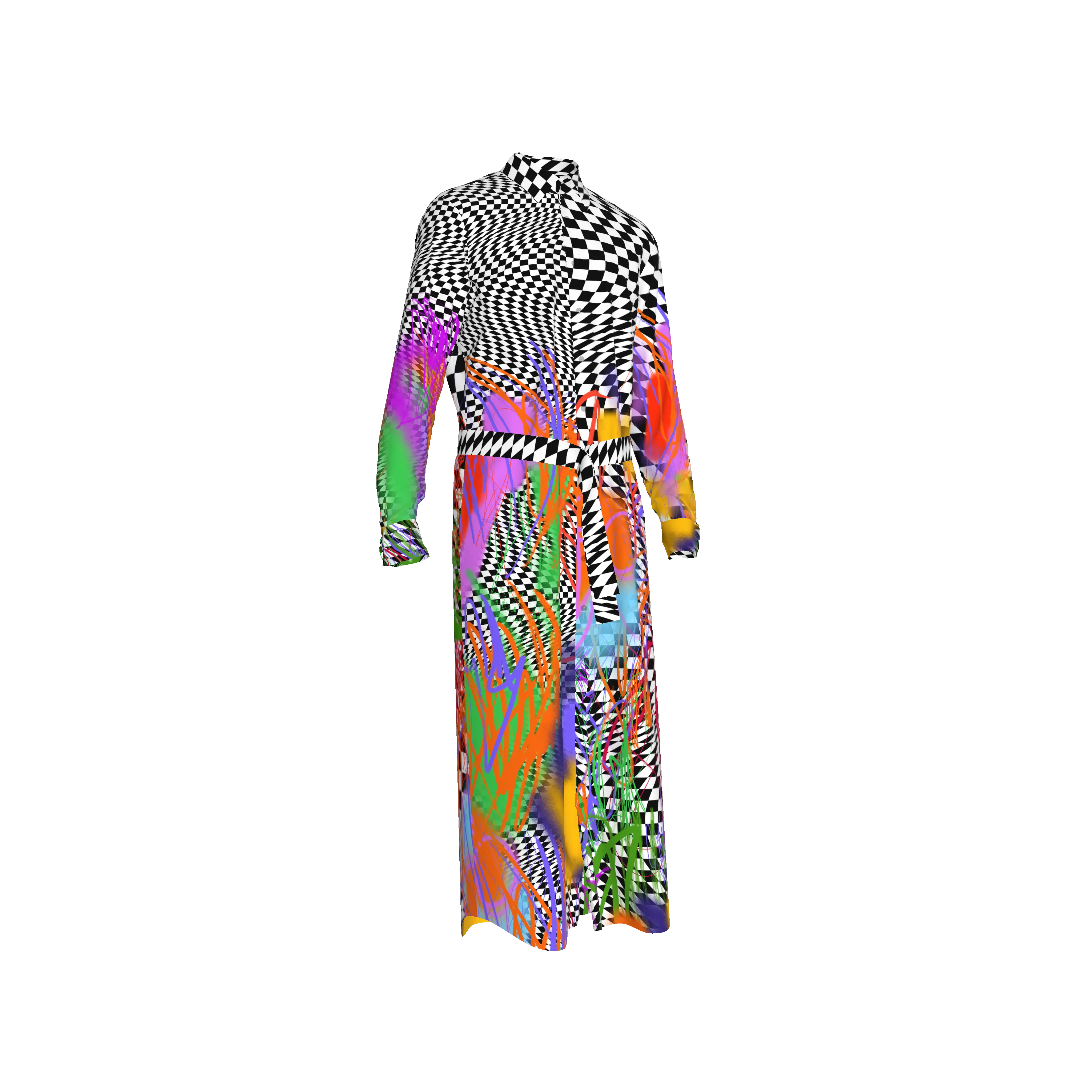 Scribble Check Maxi Shirt Dress in Double Georgette
