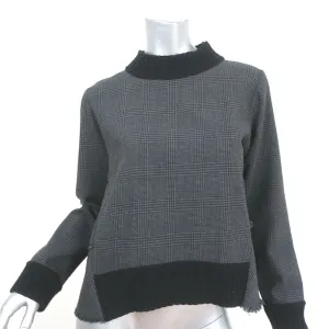 SEA Ruffled-Back Long Sleeve Top Gray Prince Of Wales Check Size Small
