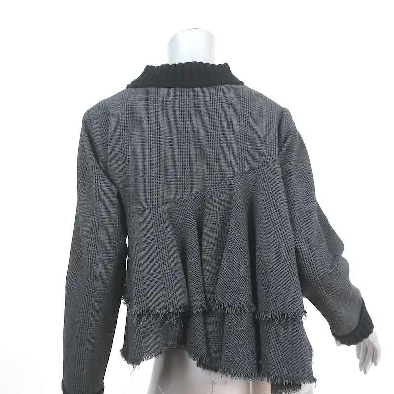 SEA Ruffled-Back Long Sleeve Top Gray Prince Of Wales Check Size Small