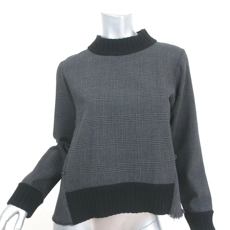 SEA Ruffled-Back Long Sleeve Top Gray Prince Of Wales Check Size Small