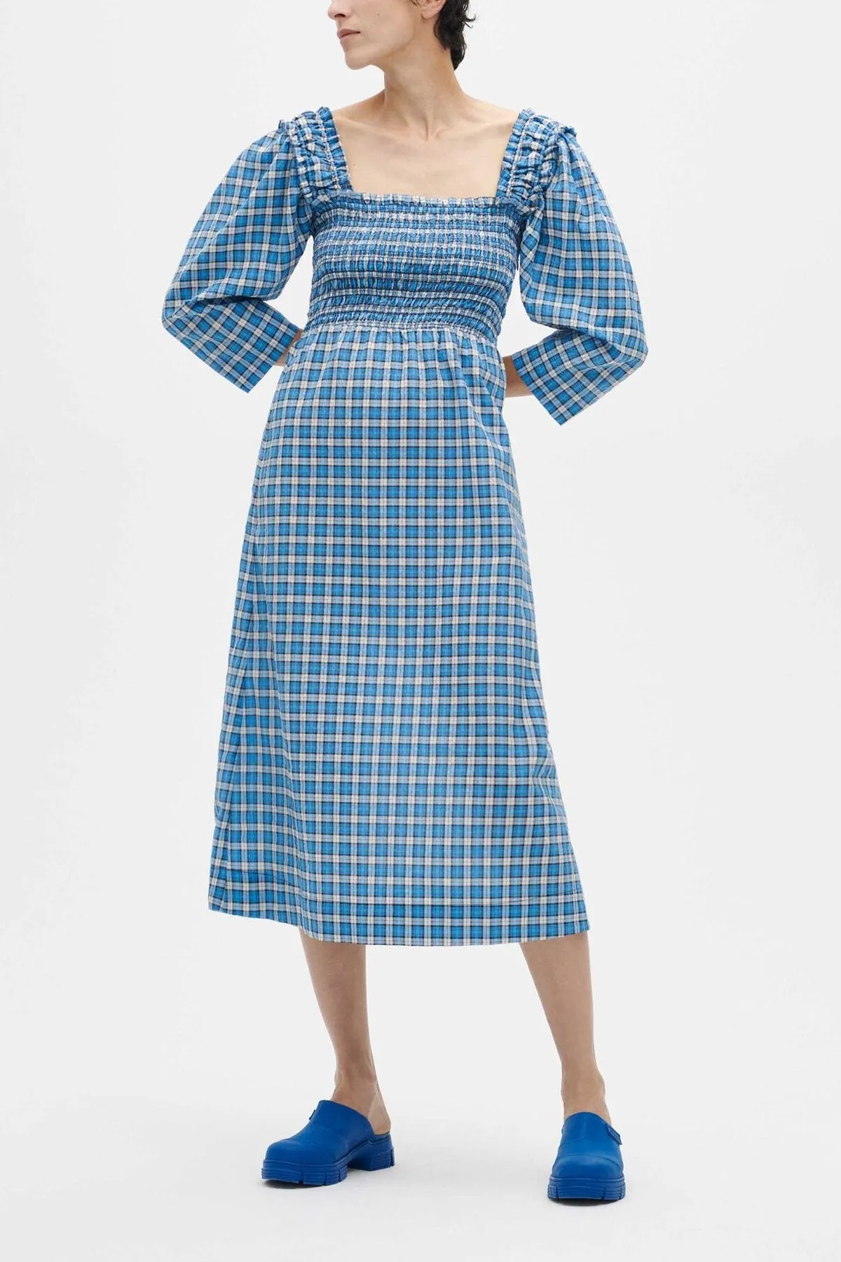Seersucker Shirred Midi Dress in Check Azure Blue