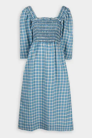 Seersucker Shirred Midi Dress in Check Azure Blue