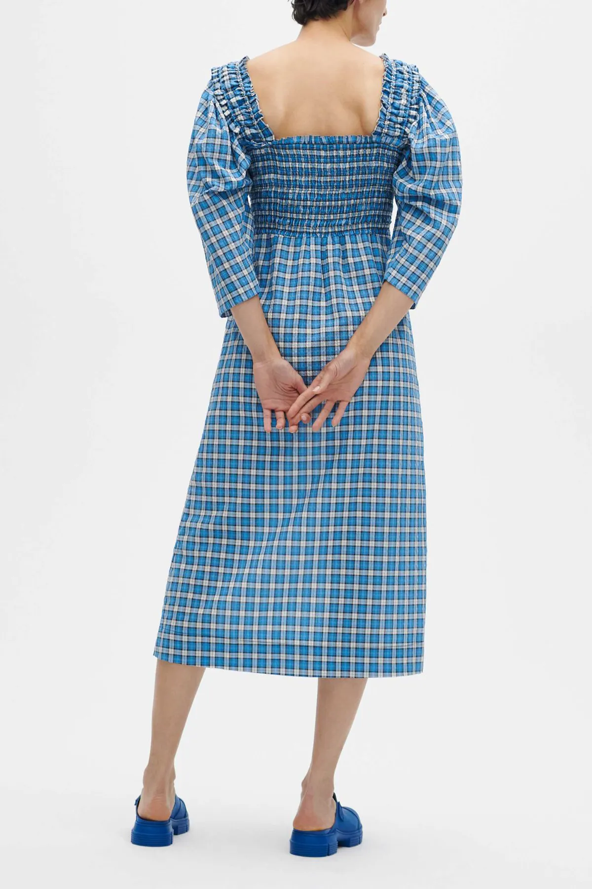Seersucker Shirred Midi Dress in Check Azure Blue