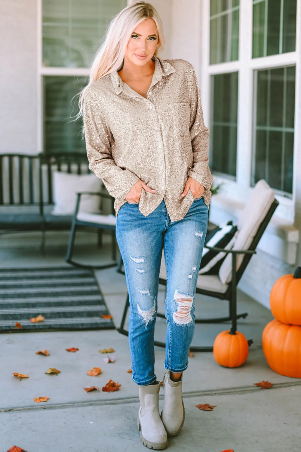 Sequin Collared Bust Buttoned Shirt