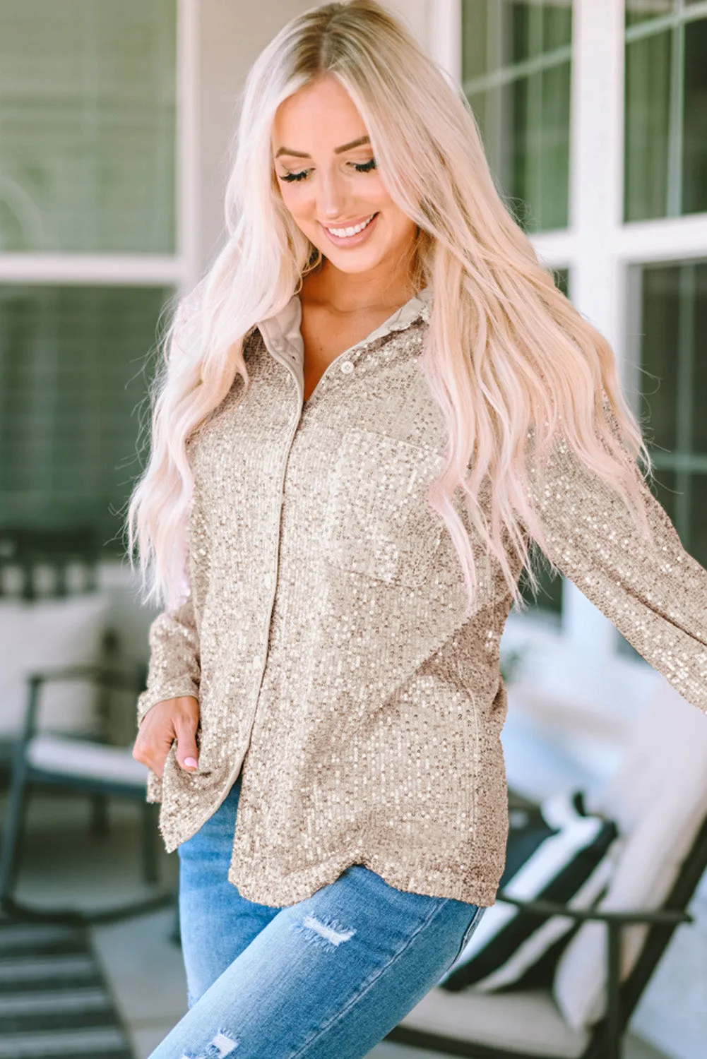 Sequin Collared Bust Buttoned Shirt