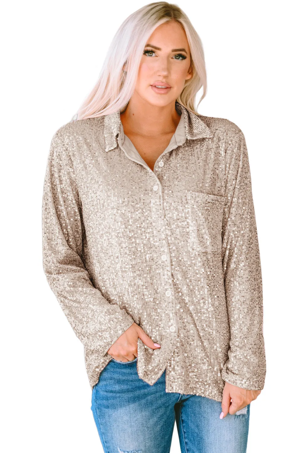 Sequin Collared Bust Buttoned Shirt