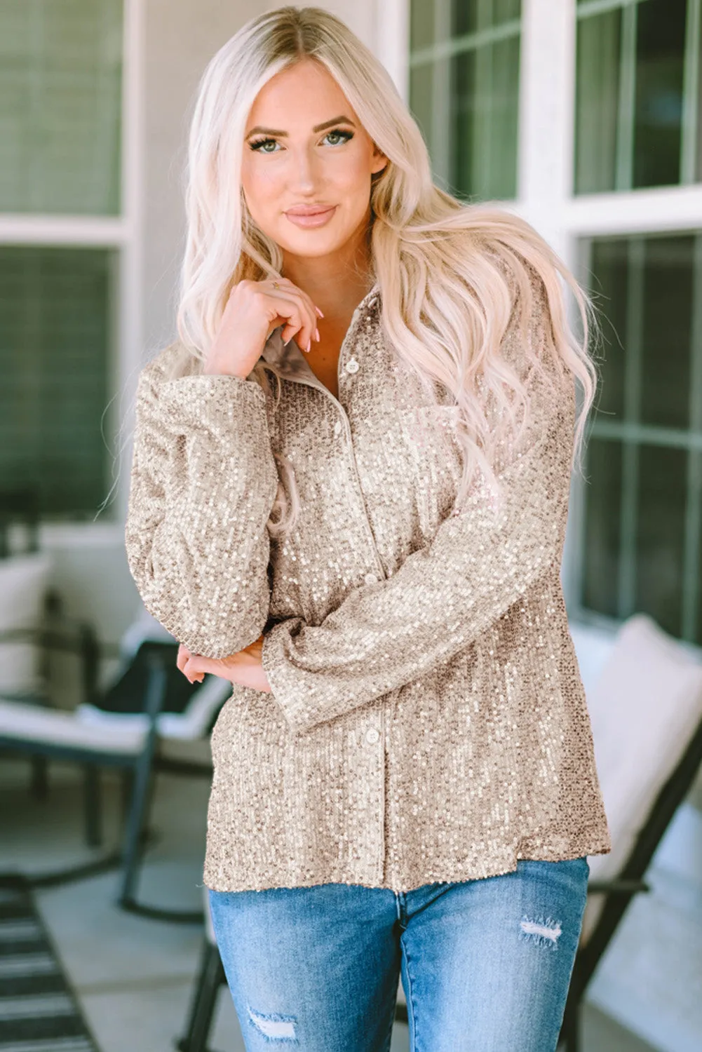 Sequin Collared Bust Buttoned Shirt