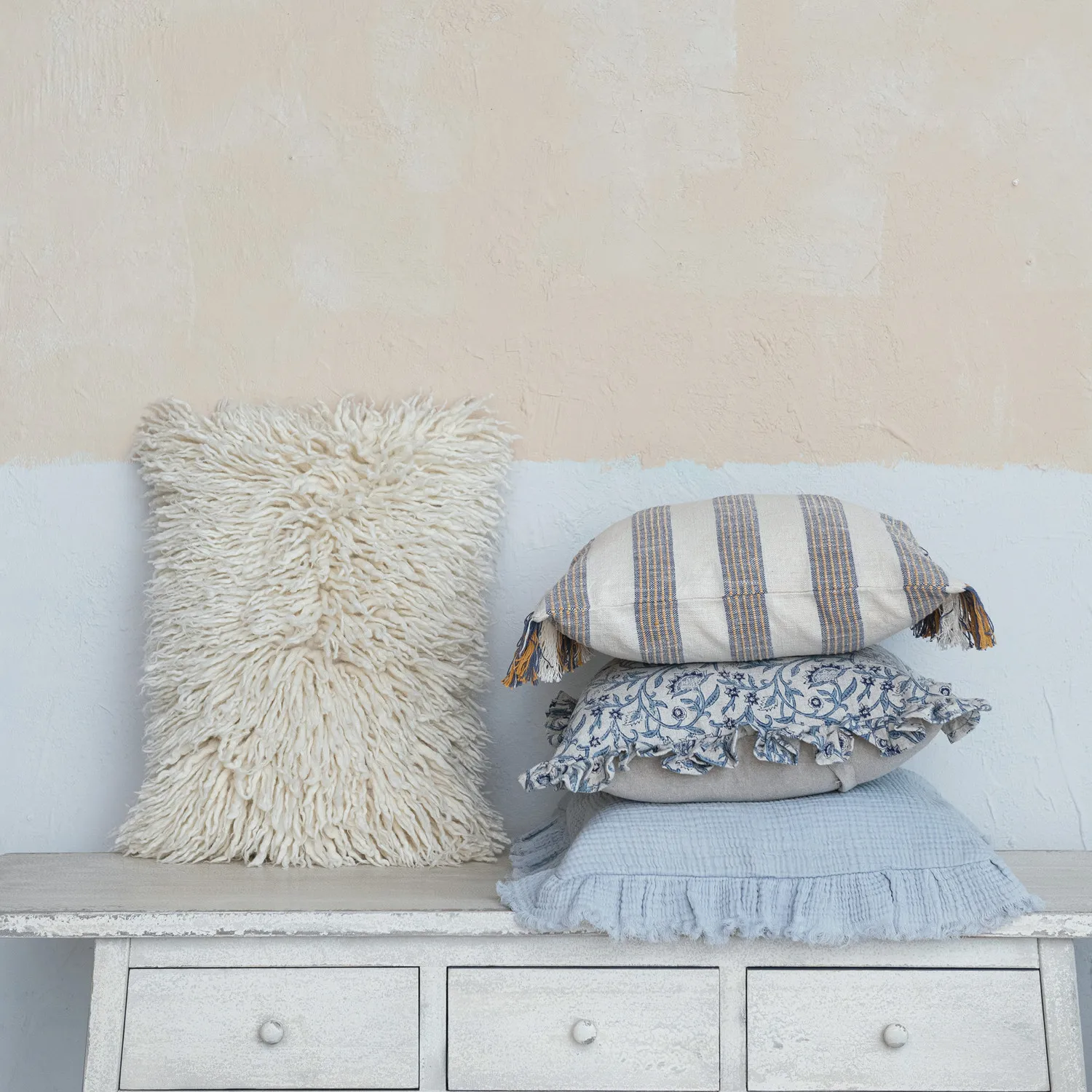 Shabby pale blue cotton pillow with ruffled trim